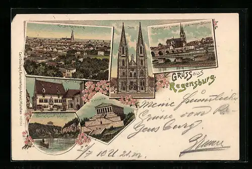 Lithographie Regensburg, Ortsansicht aus der Vogelschau, Dom, Walhalla und altes Rathaus