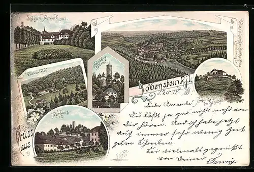 Lithographie Lobenstein, Schloss vom Kurpark aus gesehen, Kurhaus, Schlossbergtürme und Panorama