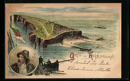 Lithographie Helgoland, Inselansicht aus der Vogelschau, Fischer bei der Arbeit