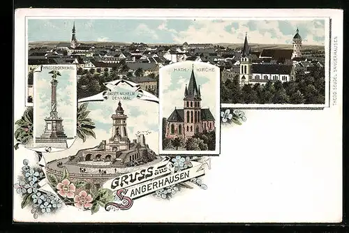 Lithographie Sangerhausen, Ortsansicht aus der Vogelschau, Kriegerdenkmal, Katholische Kirche, Kaiser Wilhelm-Denkmal