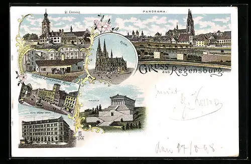 Lithographie Regensburg, Panorama, Dom, St. Emmeran, Hotel Grüner Kranz, Haideplatz und Hotel goldnes Kreuz