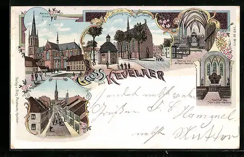 Lithographie Kevelaer, Marienkirche, Hauptstrasse, Kapellenplatz mit der Kerzer-Kapelle