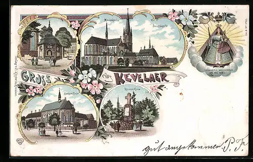 Lithographie Kevelaer, Gnadenkapelle und Beichtkapelle, Kroaten-Kreuz, Marienbildnis