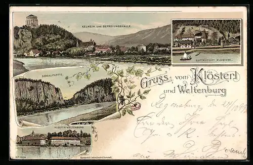 Lithographie Kelheim, Ortspartie mit Befreiungshalle, Klösterl aus der Vogelschau, Donaupartie und Kloster Weltenburg