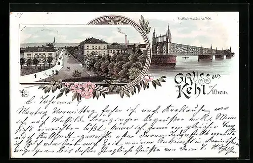Lithographie Kehl / Rhein, Eisenbahnbrücke, Strassenpartie aus der Vogelschau