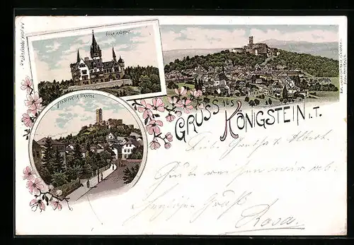 Lithographie Königstein i. T., Gesamtansicht, Frankfurter Strasse, Villa Andreae