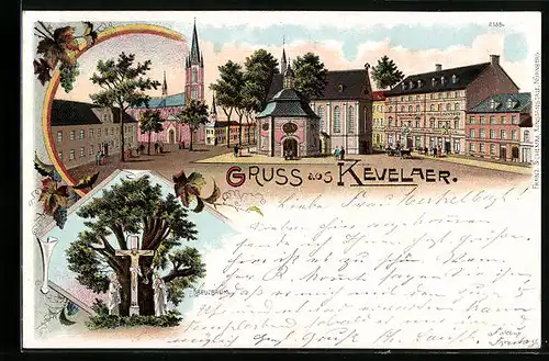 Lithographie Kevelaer, Gnadenkapelle und Kreuzbaum