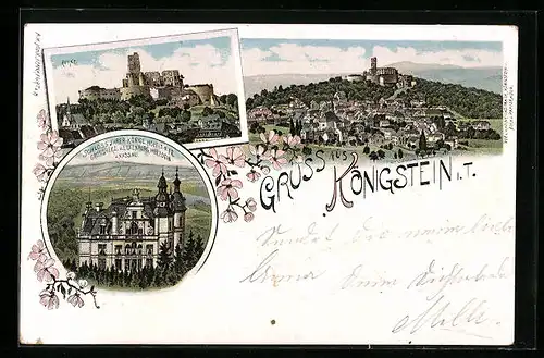 Lithographie Königstein i. T., Ortsansicht aus der Vogelschau, Ruine und Schloss