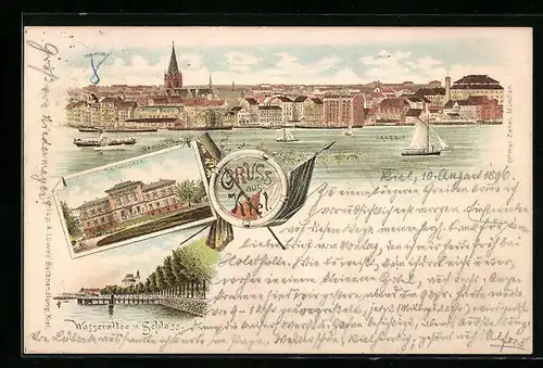 Lithographie Kiel, Panorama, Wasserallee und Schloss