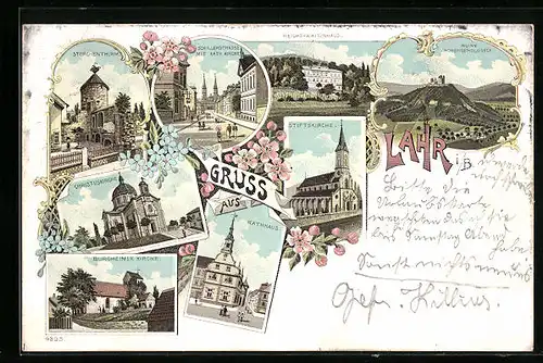 Lithographie Lahr i. B., Burgheimer Kirche, Rathaus, Stiftskirche, Schillerstrasse mit katholischer Kirche