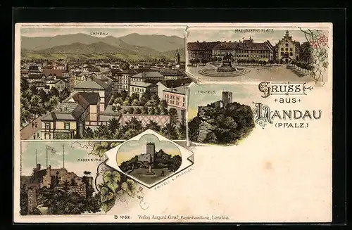 Lithographie Landau / Pfalz, Ortsansicht aus der Vogelschau, Trifels, Madenburg, Max-Josephs-Platz