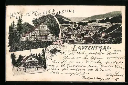 Lithographie Lautenthal / Harz, Hotel und Pension Prinzess Caroline, Ortsansicht aus der Vogelschau