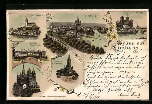 Lithographie Limburg / Lahn, Schloss Oranienstein, Ev. Kirche, Dom, Dietkirchen und Runkel