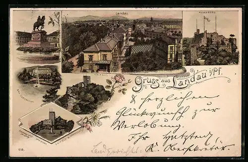 Lithographie Landau / Pfalz, Ortsansicht aus der Vogelschau, Madenburg, Trifels