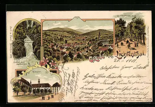 Lithographie Lichtenthal, Gesamtansicht, Geroldsauer Wasserfall, Kloster und Lichtenthaler Allee