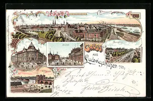 Lithographie Ludwigshafen a Rh., Bahnhof, Post, Rheinbrücke, Ortsansicht aus der Vogelschau