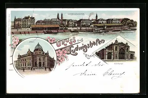 Lithographie Ludwigshafen a. Rh., Panorama, Post und Bahnhof