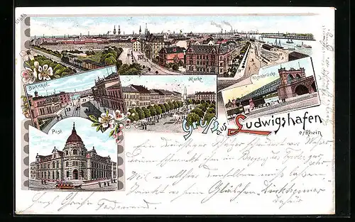 Lithographie Ludwigshafen a. Rh., Bahnhof, Markt, Post, Rheinbrücke und Panorama