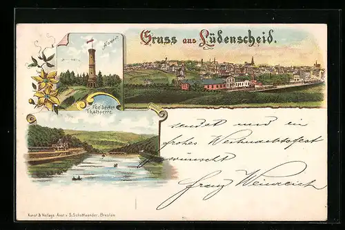 Lithographie Lüdenscheid, Ortsansicht aus der Vogelschau, Homert und Talsperre
