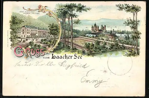 Lithographie Glees, Hotel Maria Laach, Gesamtansicht mit Laacher See