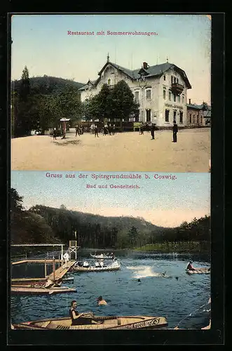 AK Spitzgrundmühle bei Coswig, Restaurant mit Sommerwohnungen, Bad und Gondelteich