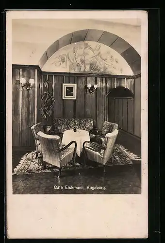 AK Augsburg, Cafe Eickmann, Gemütliche Ecke mit Holzvertäfelung