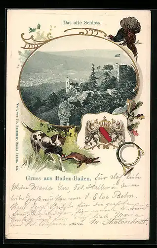 Präge-Lithographie Baden-Baden, Das alte Schloss, Wappen, Jagdhund und Auerhahn