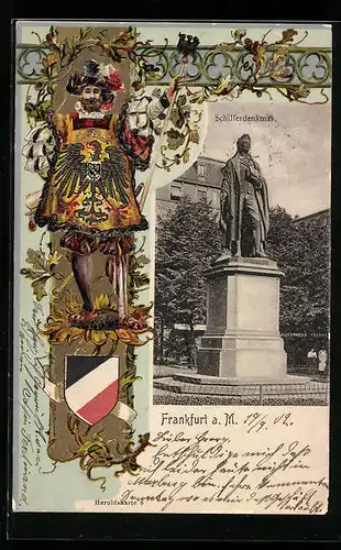 Präge-AK Frankfurt a. M., Schillerdenkmal, Herold mit Stab und Schriftrolle, Wappen