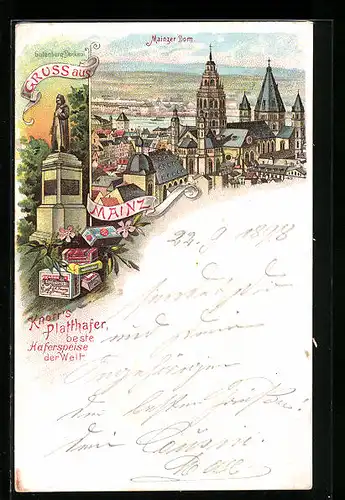 Lithographie Mainz, Mainzer Dom, Gutenberg-Denkmal, Reklame Knorr`s Platthafer