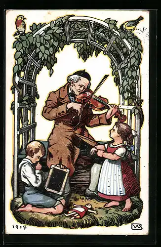 Künstler-AK Augsburg, 19. Bayerische Lehrerversammlung 1914, Lehrer mit Geige und Kindern