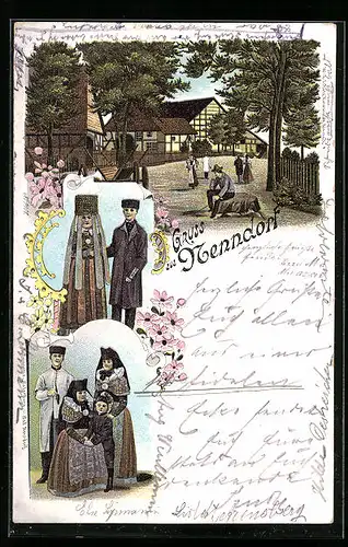 Lithographie Nenndorf /Bad, Strassenpartie, Nenndorfer in Tracht