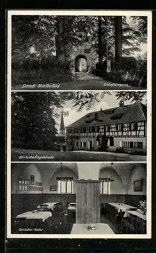 AK Henfenfeld, Schloss Henfenfeld mit Innenansicht des Schlossparkkaffees, Gotischer Keller