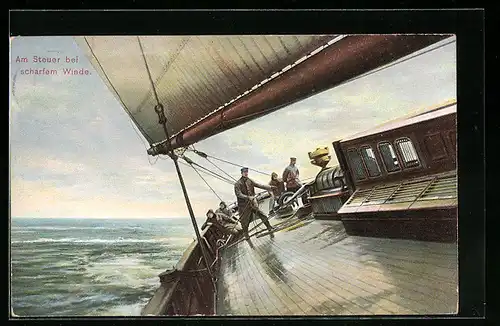 AK Am Steuer eines Segelbootes bei scharfem Winde