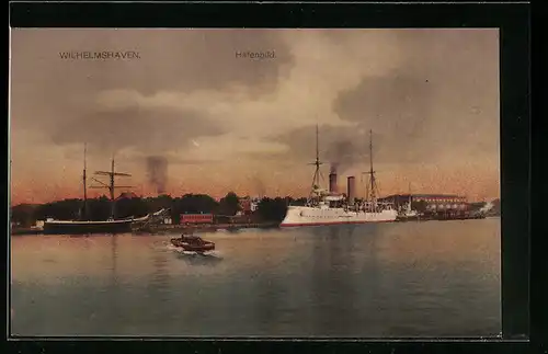AK Wilhelmshaven, Hafenbild, Kriegsschiff vor Anker liegend