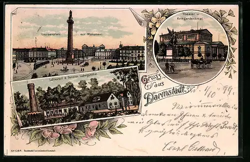 Lithographie Darmstadt, Theater und Kriegerdenkmal, Louisenplatz mit Monument, Pension Ludwigshöhe