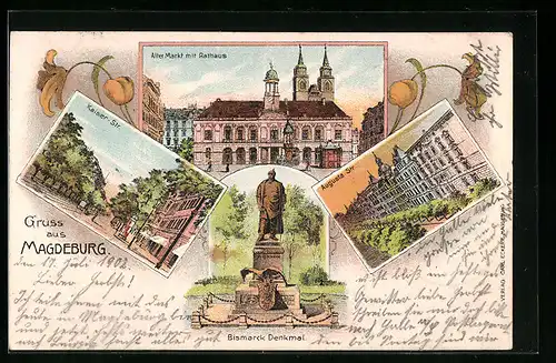 Lithographie Magdeburg, Kaiser-Strasse, Augusta-Strasse, Rathaus