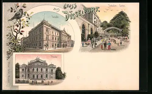 Lithographie Düsseldorf, Tonhalle mit Garten, Theater