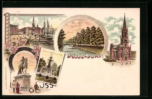Lithographie Düsseldorf, Brunnen in der Königsallee, Werft