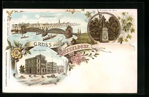 Lithographie Düsseldorf, Neue Rheinbrücke, Denkmal der 39er, Kunst-Akademie