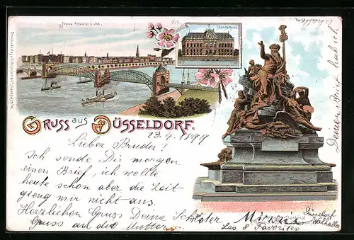 Lithographie Düsseldorf, Neue Rheinbrücke, Ständehaus, Provinzial-Denkmal