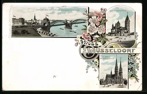 Lithographie Düsseldorf, Stadtpanorama mit neuer Rheinbrücke, St. Rochuskirche