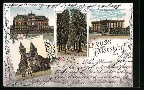 Lithographie Düsseldorf, Jesuitenkirche, Ständehaus, Justizgebäude