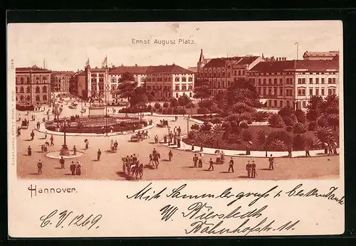 Lithographie Hannover, Ernst-August-Platz mit Passanten, Anlagen und Häusern