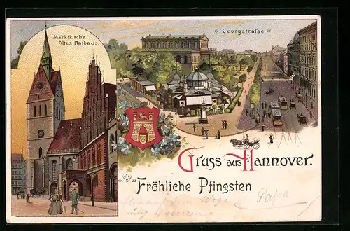 Lithographie Hannover, Georgstrasse mit Strassenbahnen, Marktkirche und Altes Rathaus, Wappen, Pfingstgruss
