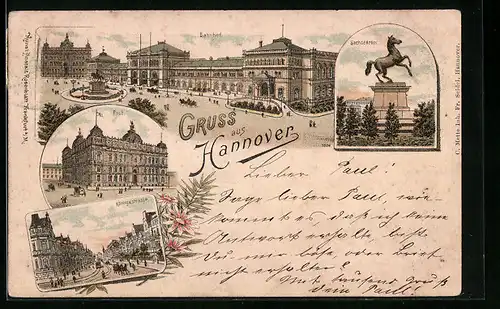 Lithographie Hannover, Bahnhof mit Umgebung, Post, Königsstrasse