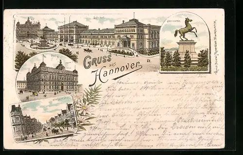 Lithographie Hannover, Bahnhof, Sachsenross, Post