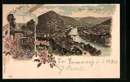 Lithographie Bad Ems, Malbergbahn, Ortsansicht vom Gutenberg aus
