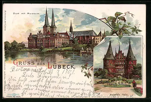 Lithographie Lübeck, Dom mit Museum, Holsten Thor