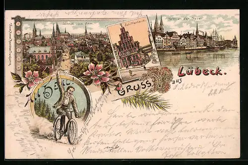 Lithographie Lübeck, Ortsansicht vom Dom aus, Schifferhaus, Trave-Hafen, Radfahrer
