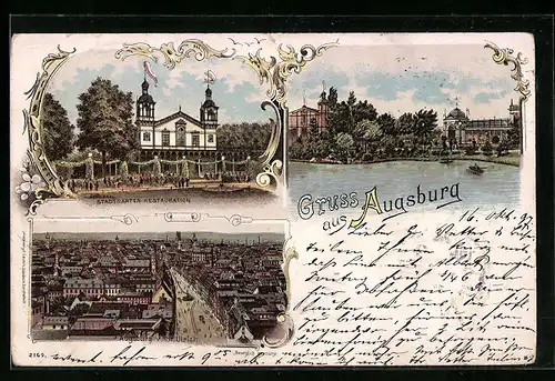 Lithographie Augsburg, Stadtgarten-Restauration, Teilansicht von St. Ulrich aus